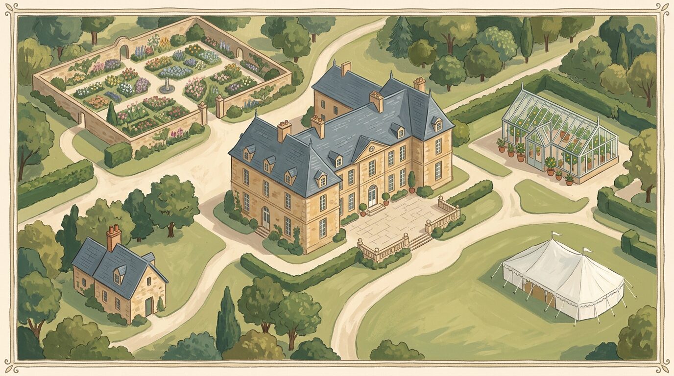 Bird's-eye illustrated map of the Château Bellerive estate